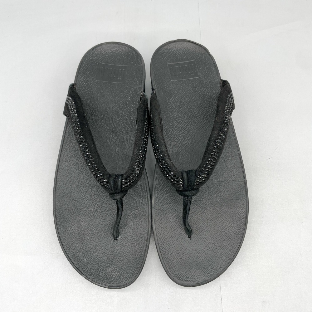 FitFlop Womens 8 Crystal Swirl Thong Sandals Shoes Black Suede Wedge Platform
